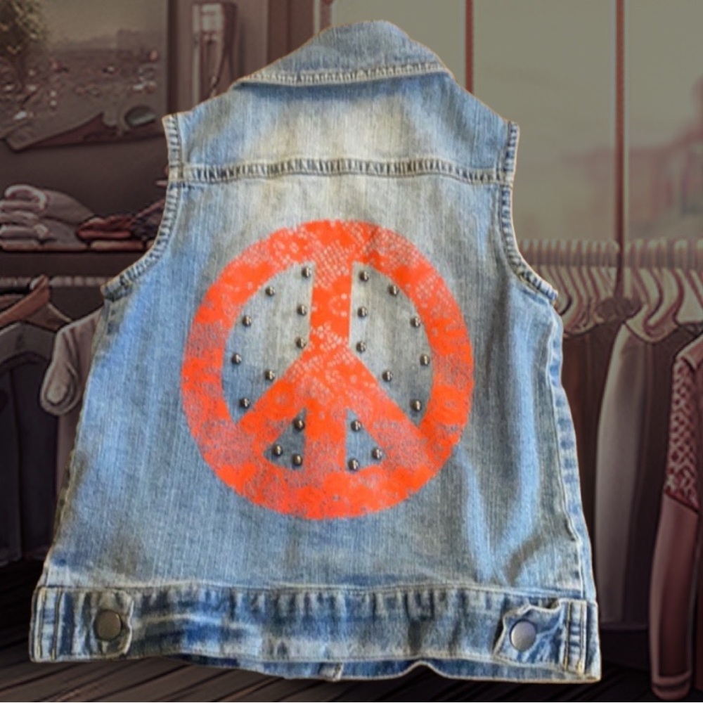 D-signed Studded Peace Sign‎ denim jean vest